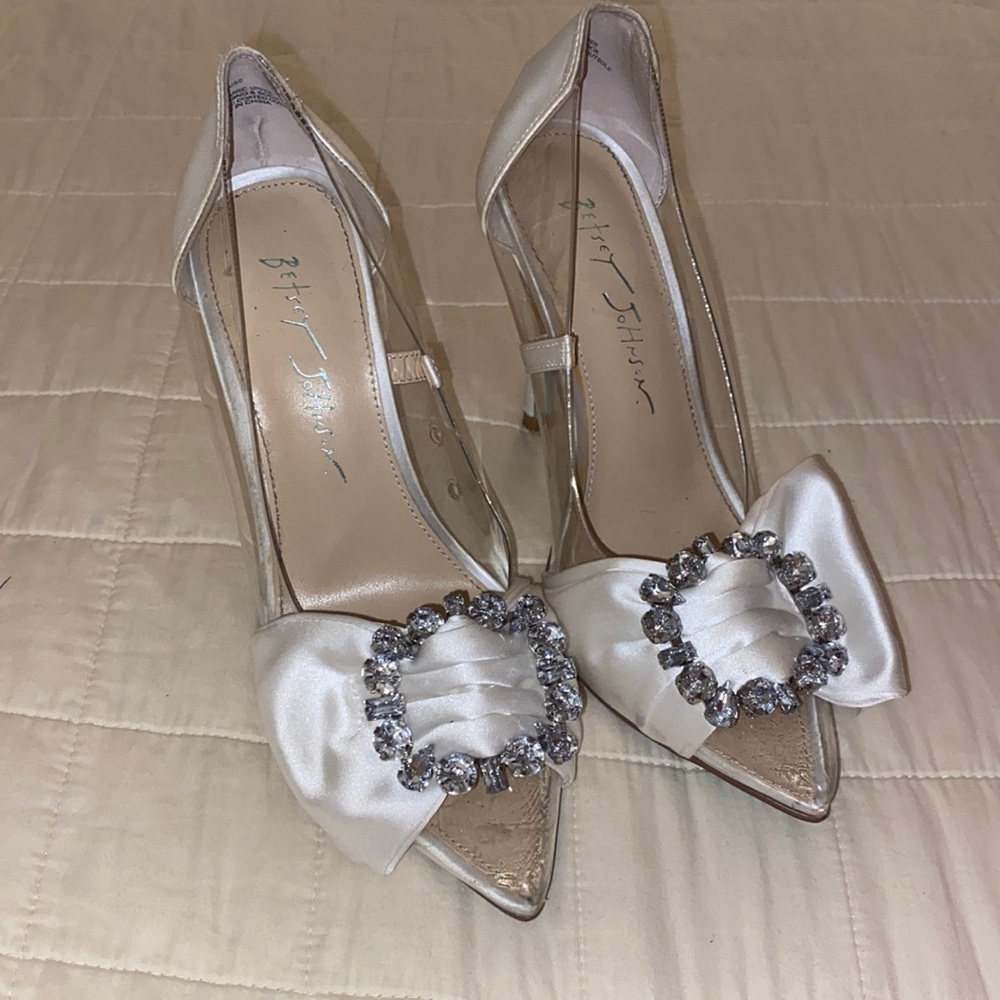Betsey Johnson Ivory Satin Pointed-Toe Heels with Crystal Buckle